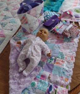 Baby doll, doll diapers and doll quilt